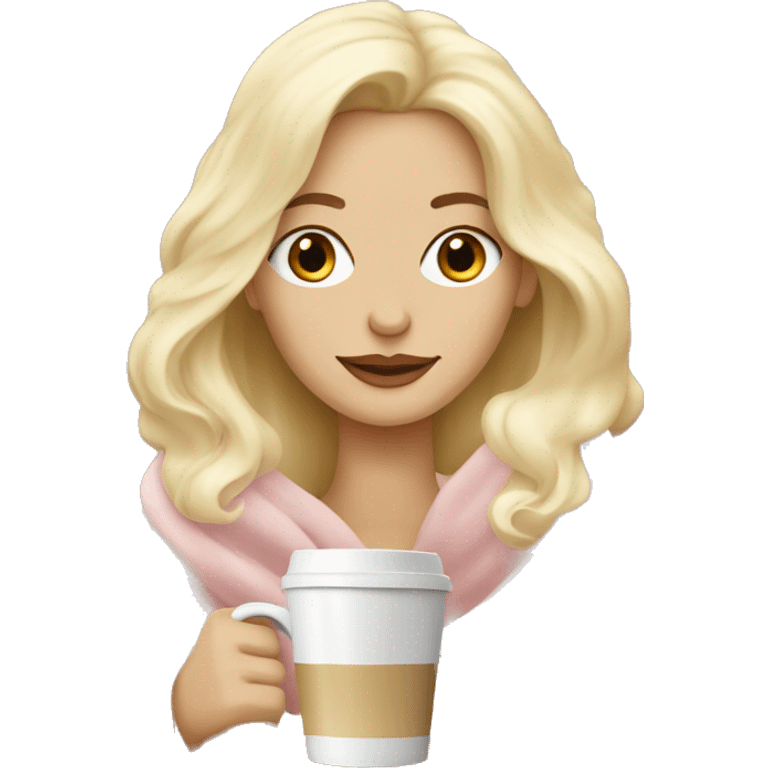 White Blonde Lady with a light pink blanket and a coffee with cream on top emoji