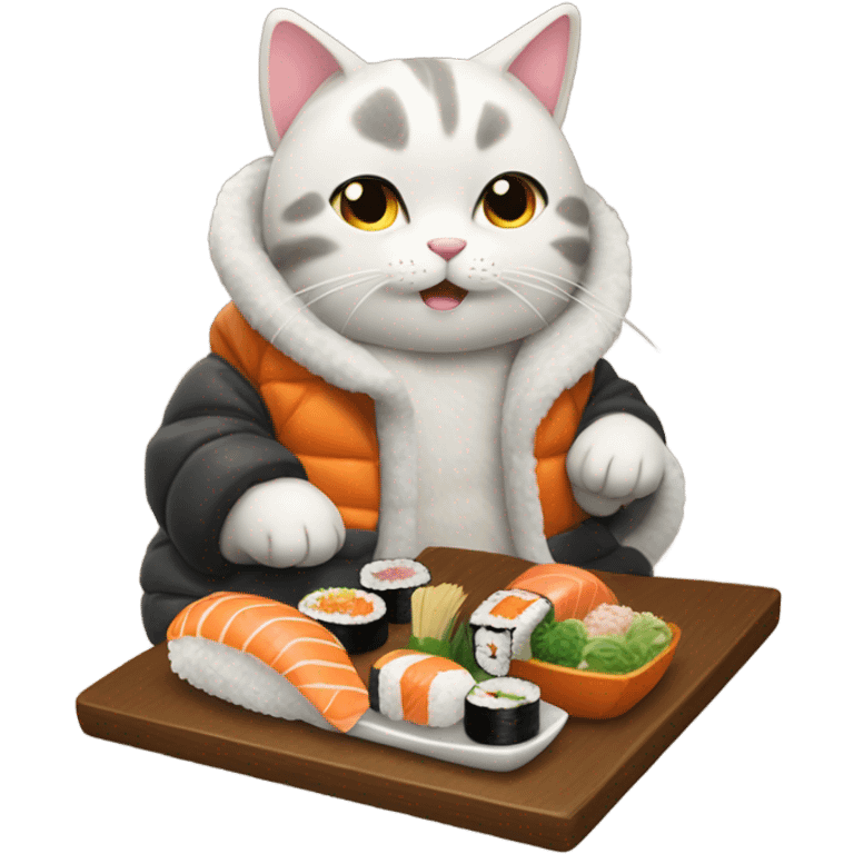 cat in a big puffy jacket eating sushi emoji