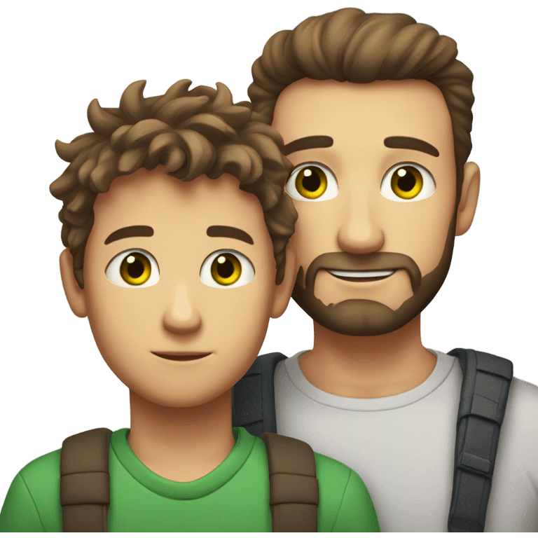 Handsome Father 40s green eyes with short full beard with Son 13s light brown eyes tousled bedhead look both has brunette hair light skin arms on shoulder portrait emoji