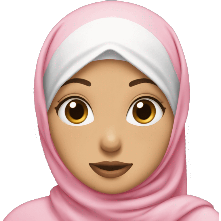 hijabi girl wearing a pink hijab with brown eyes and white skin doing a kissy face and a peace sign emoji