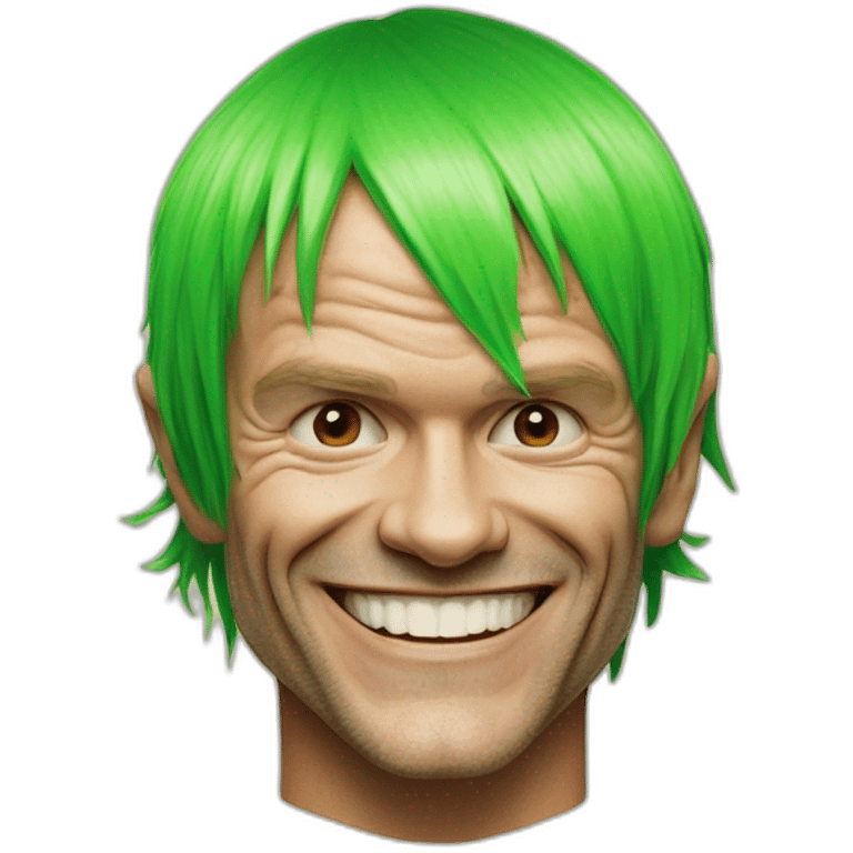 Michael “Flea” Balzary face, with neon green hair, smiling with gap in front teeth, bass player for Red Hot Chili Peppers emoji