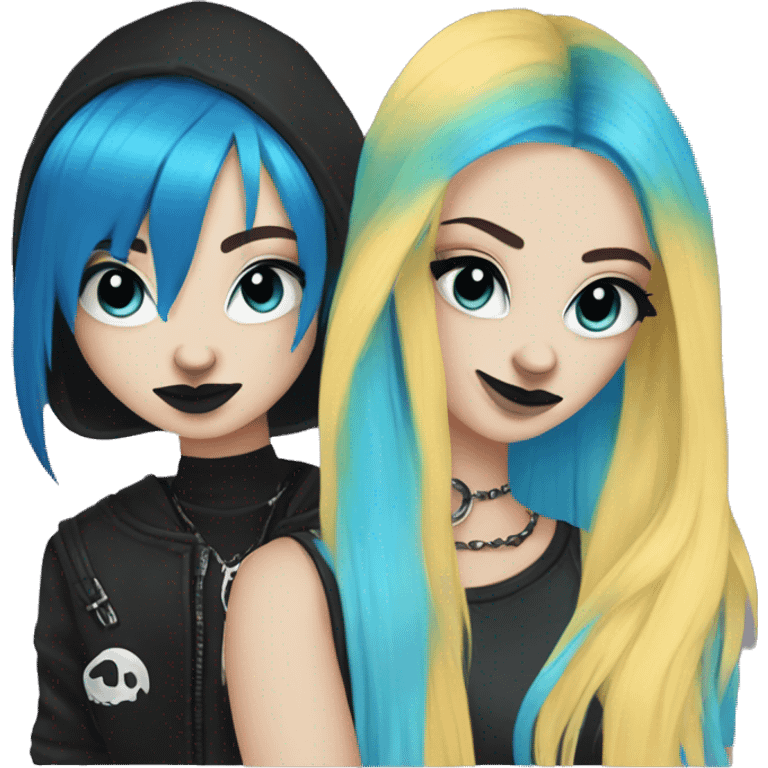 Two best friends goth style one with blue hair and a septum ring and the other with a blonde and black split dye emoji