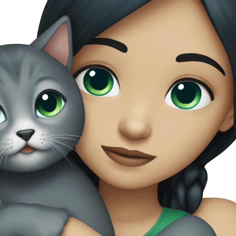 Girl with black hair and blue green eyes hugging her Cat that is dark grey with green blue eyes  emoji