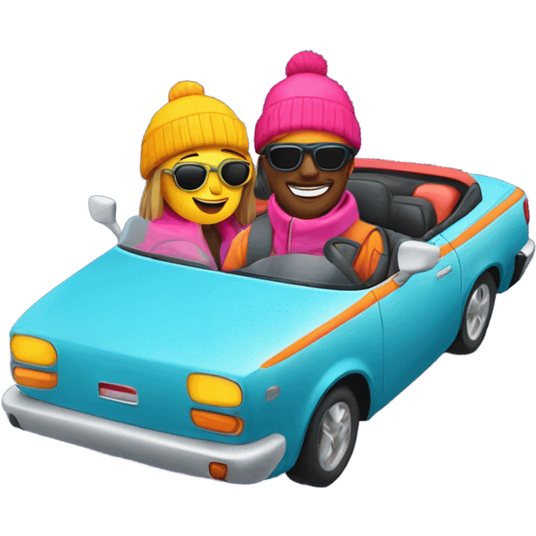 Couple driving in ski clothes convertible fast emoji