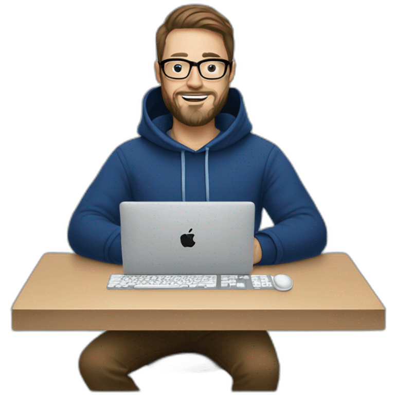 Brown hair white man with a beard and round glasses typing on apple computer wearing a dark blue nike hoodie emoji