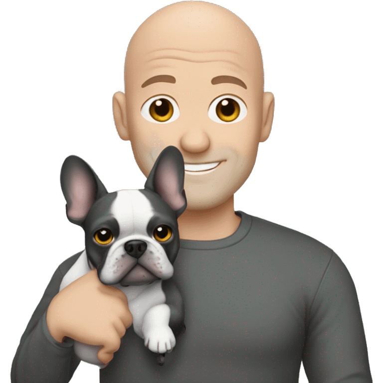 Bald man holding dark grey french bulldog  emoji