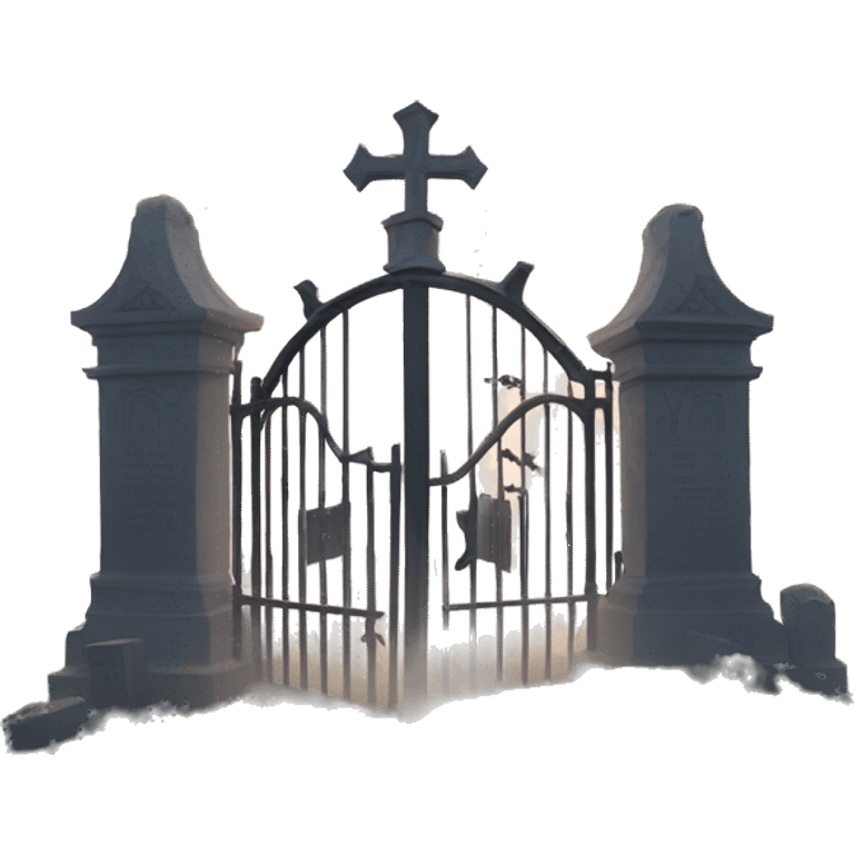 Haunting pig tombstone graveyard gate at noon, light fog emoji