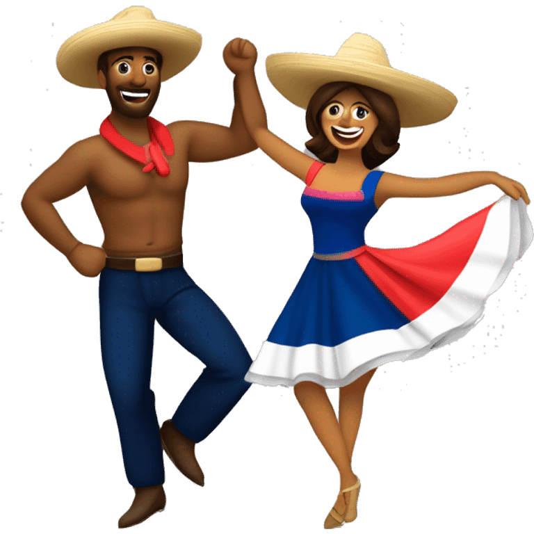 pareja de hombre y mujer bailando danza folcórica chilena llamada cueca. El hombre usa sombrero de huaso y la mujer usa vestido  emoji