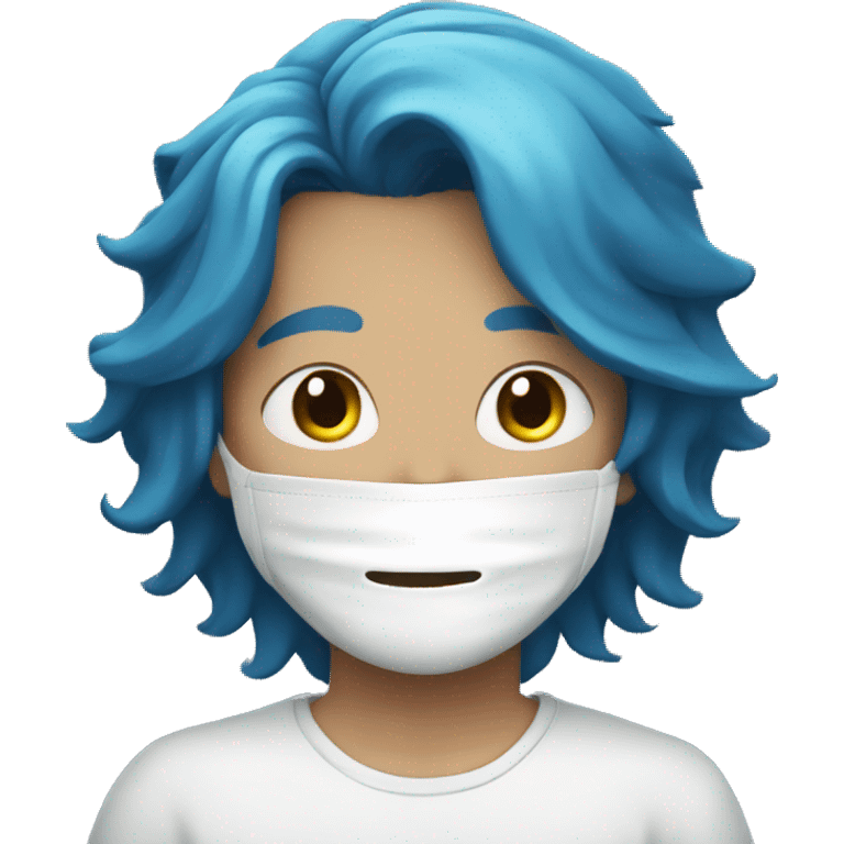 A boy with blue hair long hair and a white mask emoji