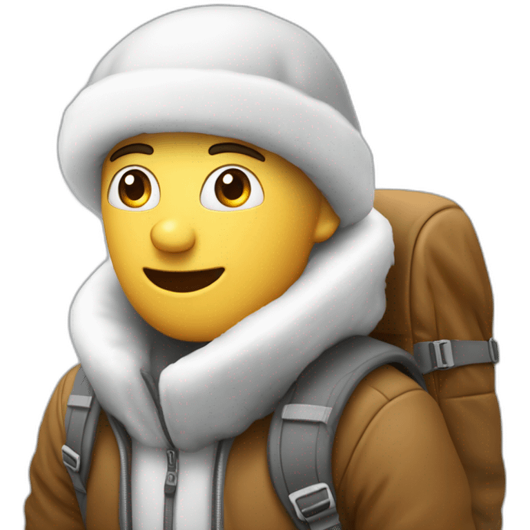 Un homme avec un haut blanc un sac a dos une pelle a neige dans les mains emoji