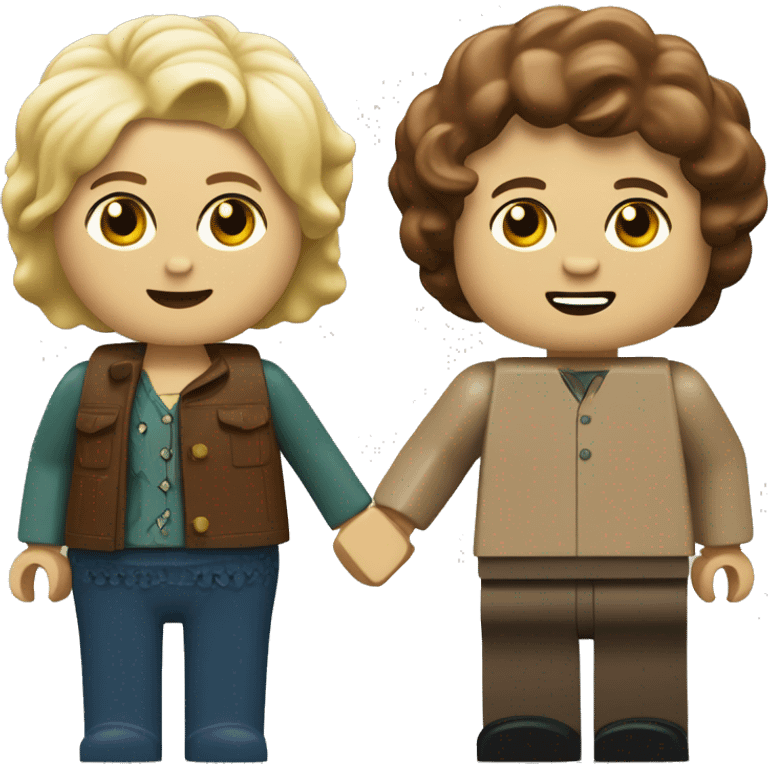 a fat blonde girl and a skinny brown-haired boy as lego people holding hands emoji