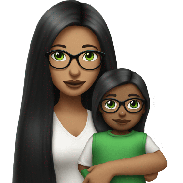 Black long straight hair with green eyes and glasses, big lips white girl holding one year old green eyes white baby boy emoji