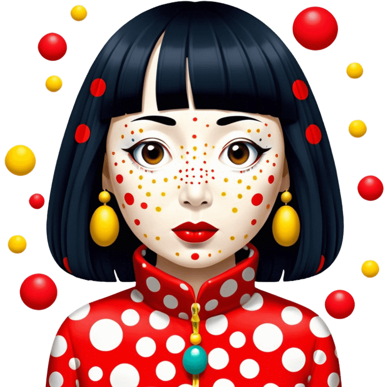 Yayoi Kusama – Cinematic Realistic Portrait of old Japanese artist Yayoi Kusama, depicted as an avant-garde artist with an eccentric, captivating expression surrounded by her iconic polka dot patterns, rendered with vivid textures and imaginative lighting that evokes her unique, surreal creative world. emoji