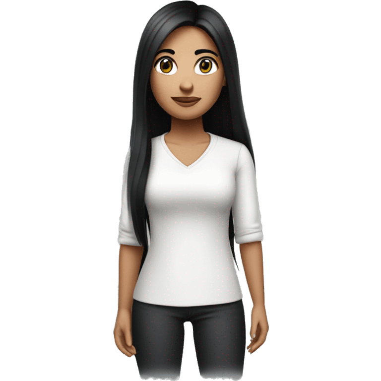 make a memoji of a beautiful and cute woman wearing a white shirt with crossed arms with long black hair with narrow eyes and not too thick eyebrows emoji