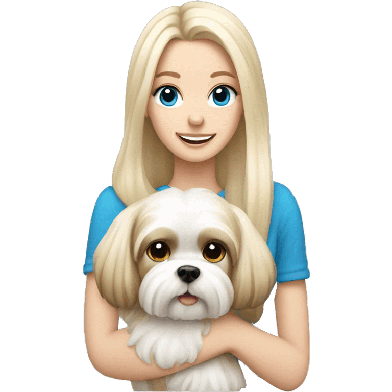 White blond girl with long hair and blue eyes holdin a shih tzu dog emoji