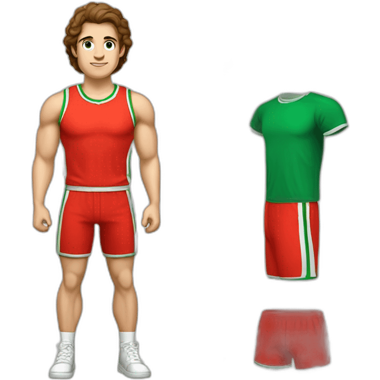 retro 70s red and green gym clothes for a modern white brunette uni male student with glass emoji