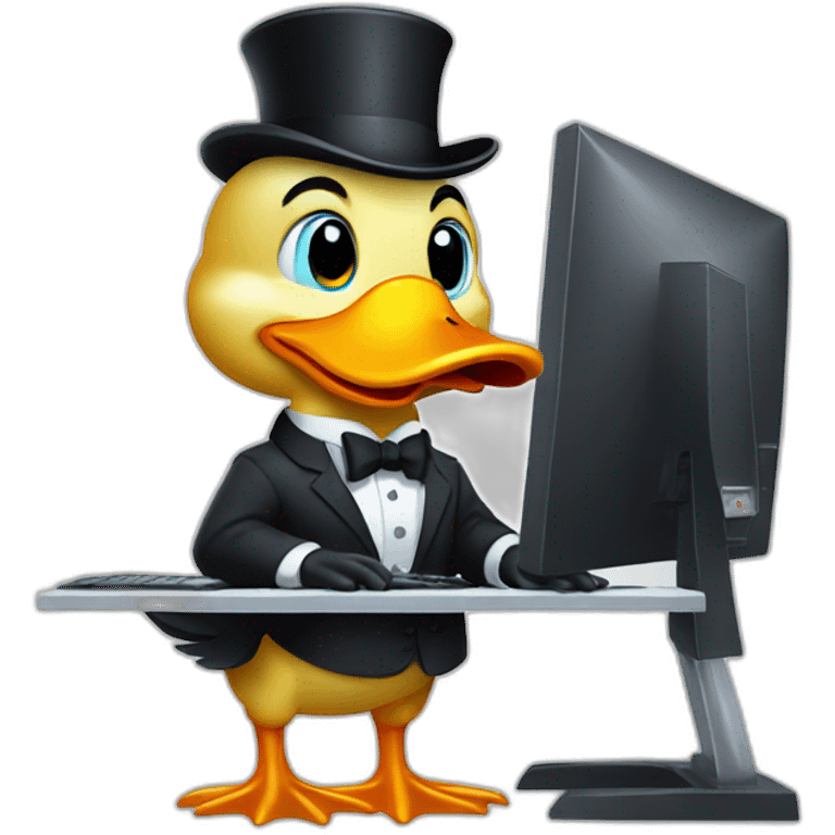 A Duffy Duck (like the one in the cartoon), dressed in a formal suit, using a computer to trade stocks with many monitors emoji