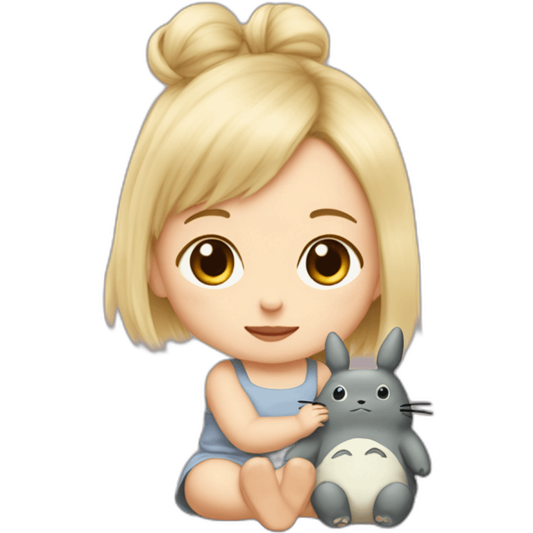 bébé fille blonde décoiffée assise avec une peluche Totoro  emoji