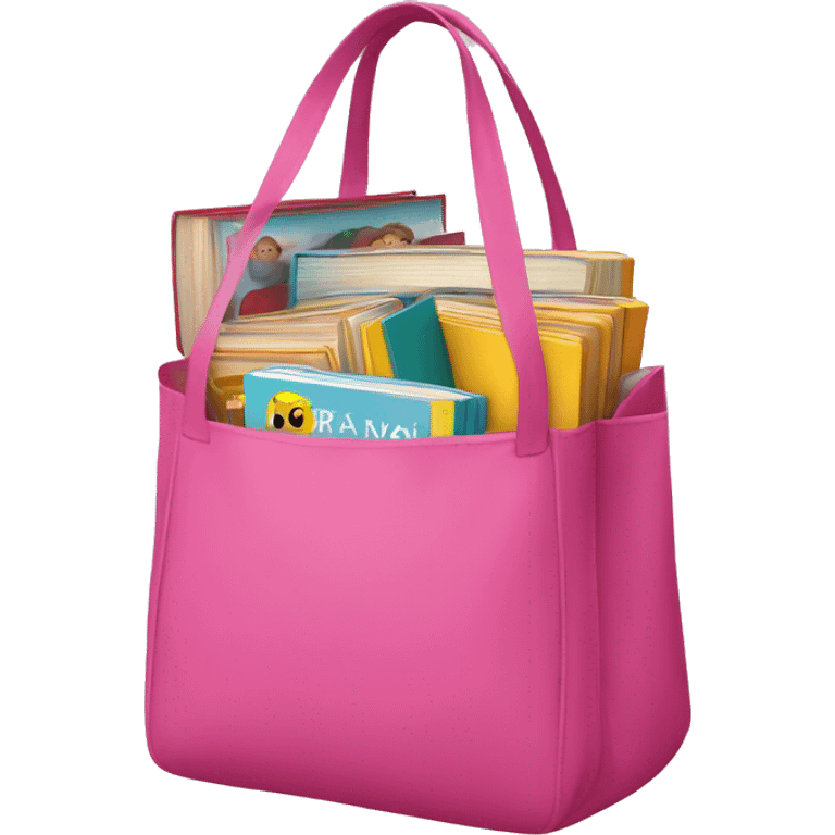 Pink bags with children's books emoji