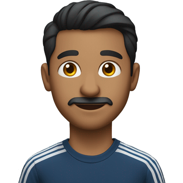 generate me an emoji of an Indian man in a dark blue shirt and black Adidas pants with the 3 stripes sitting in a school desk with his hands in his pocket emoji