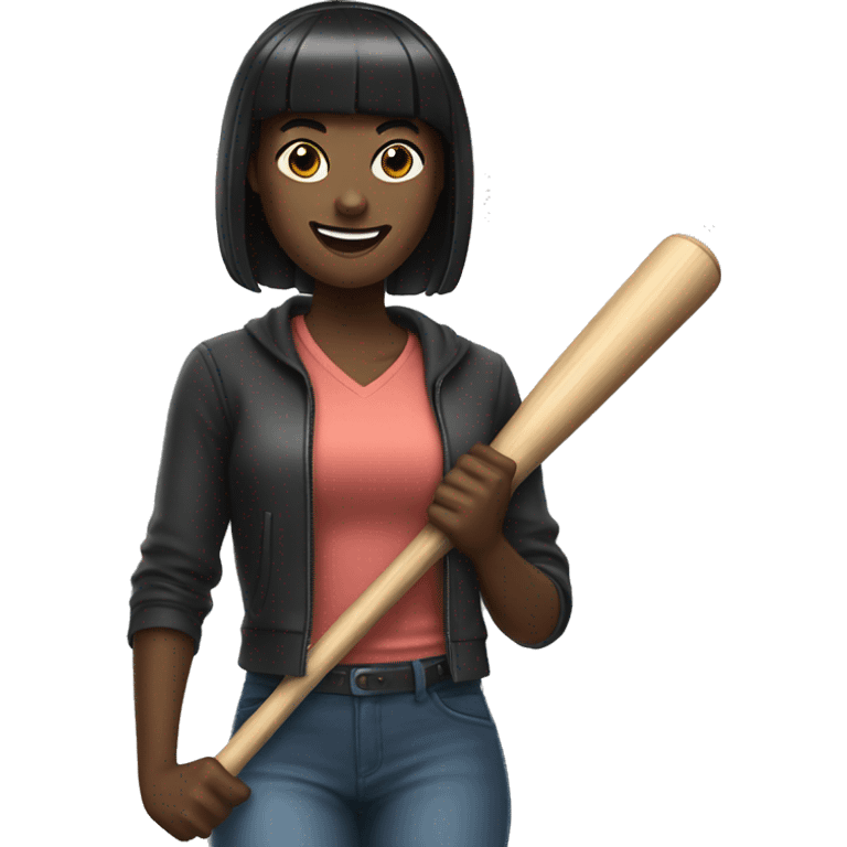 Woman with full bangs, smiling, black hair, holding a baseball bat emoji