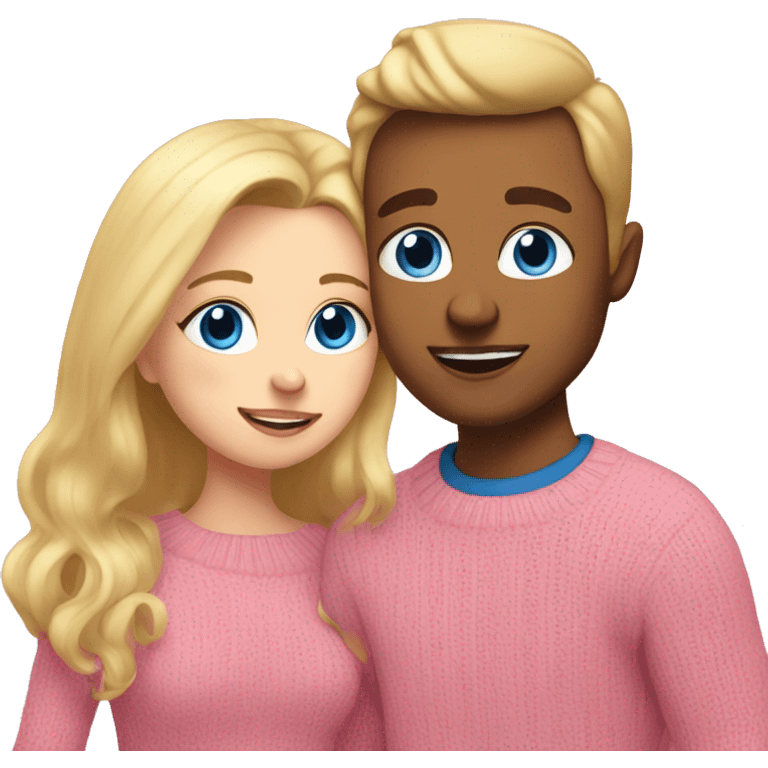 blonde girl with blue eyes in a pink sweater kisses a blonde guy with blue eyes in a brown sweater emoji