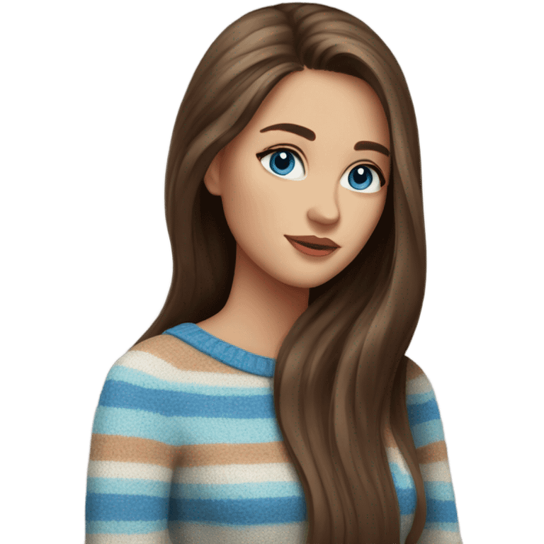 beautiful woman, long straight brown hair, blue eyes, striped knit sweater emoji