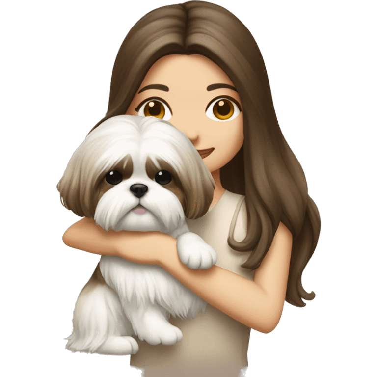 brunette girl hugging cream long hair shih tzu with bow on head  emoji