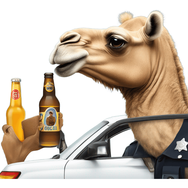 A camel drinking a beer while he’s in a car talking to a cop emoji