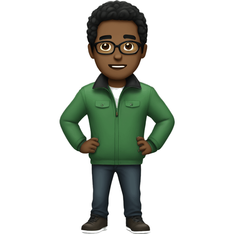 dark brown guy with glasses and black hair wearing green jacket emoji