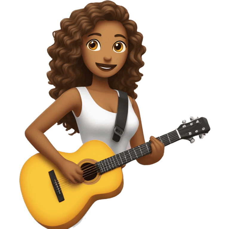 Chica de pelo café y ondulado y un vestido blanco sosteniendo una guitarra emoji