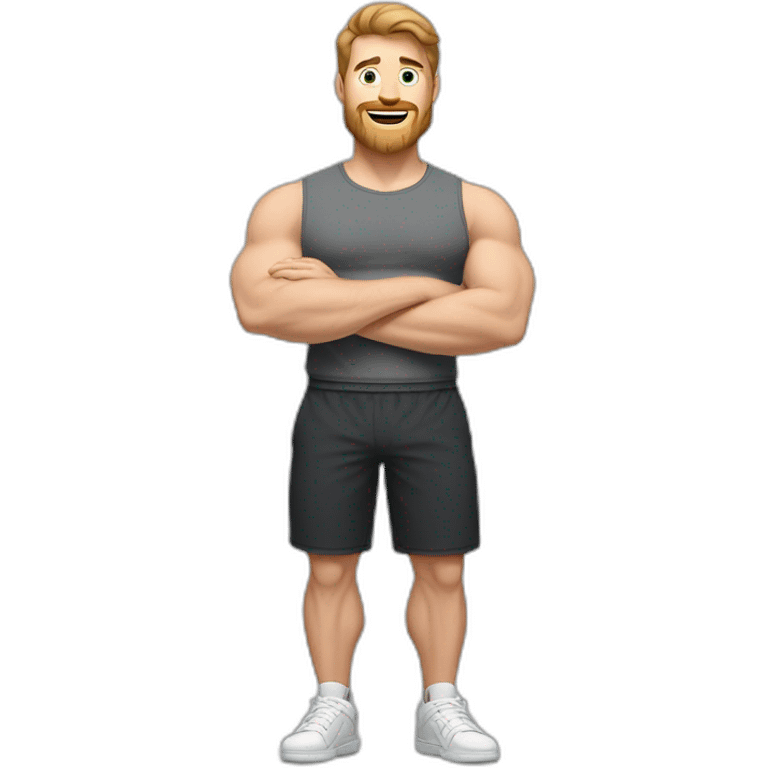 Full height Actively gesturing with hands Pale skinned Fit Man With the biceps and brown hair in dark gray Sleeveless Mike, black oversize sports shorts and white Sneakers emoji