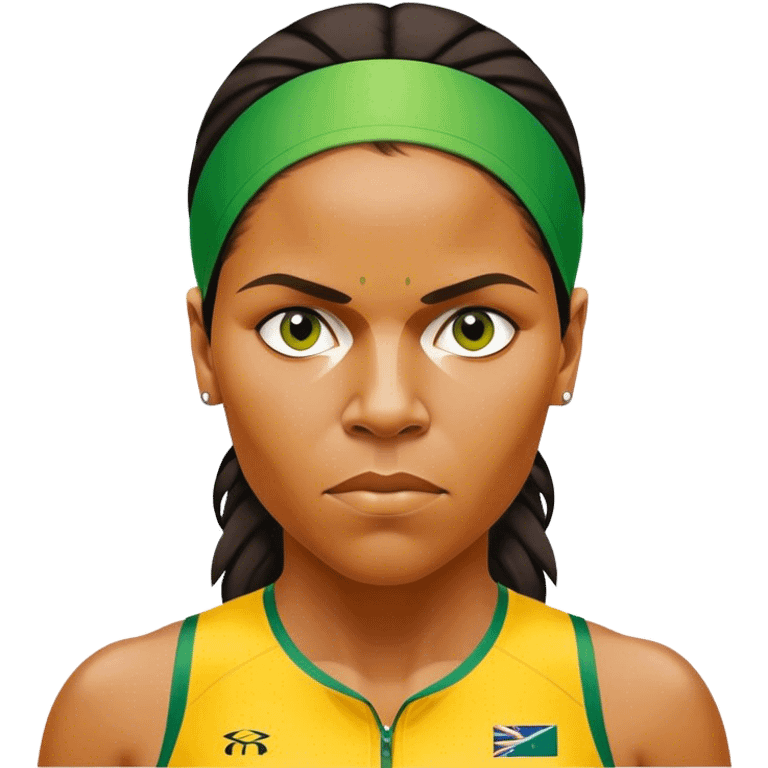 Cinematic Realistic portrait of Cathy Freeman, shown as an iconic Australian sprinter with a focused, determined expression and modern athletic yellow and green attire accented with subtle native motifs, rendered in dynamic, vibrant lighting emoji