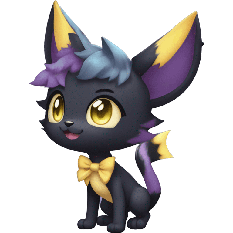 Shiny Cool Edgy Emo pastel Black beautiful ethereal fantasy Kawaii Sona Umbreon-Noibat-Litten-Fakemon-cat-animal with edgy bat-ears bow tie black mane vtuber model Full Body emoji