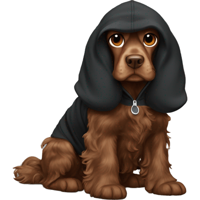 brown cocker spaniel wearing a black hoodie. The dog is viewing a laptop emoji