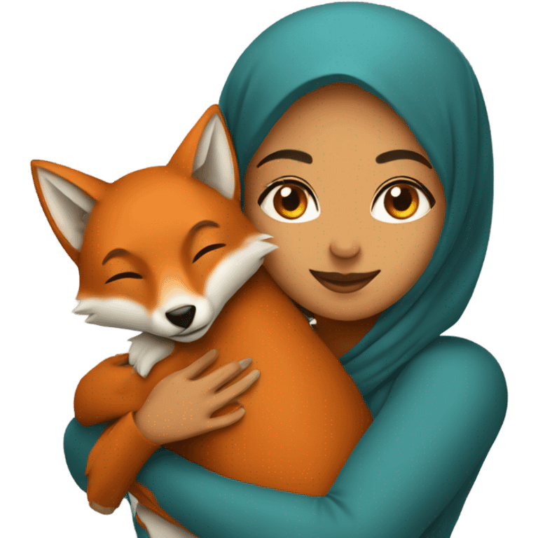 a middle eastern woman hugging a fox emoji