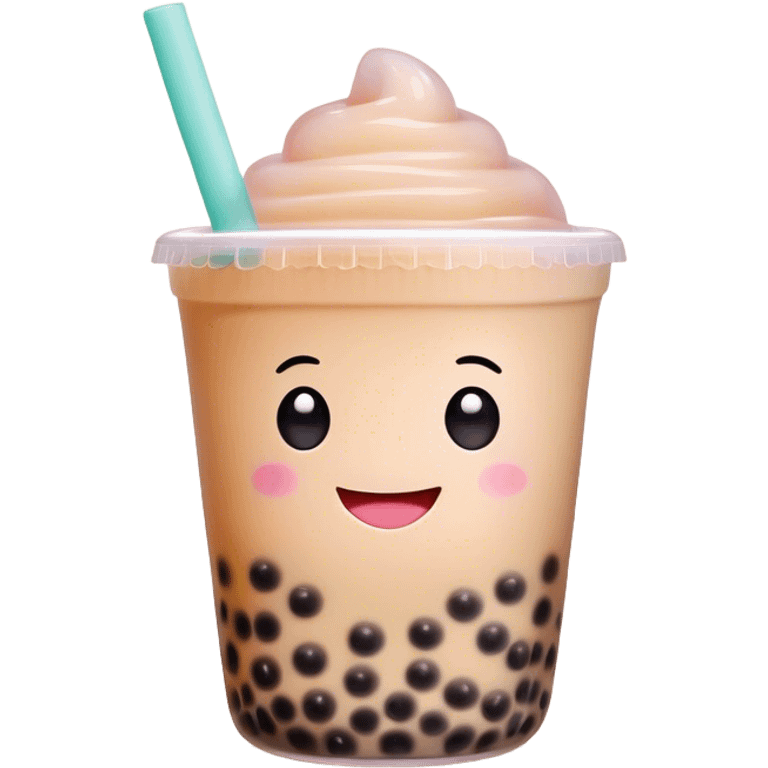 Cinematic pastel-colored bubble tea, chubby cup with a smiling face, tiny black tapioca pearls peeking out, soft glowing background, playful and adorable. emoji