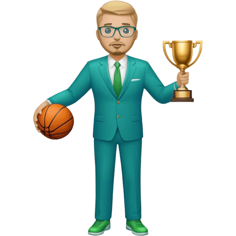 Full Body white plus size man  wearing glasses with a goatee with dirty blond short hair basketball head Coach in blue and green suit holding trophy emoji