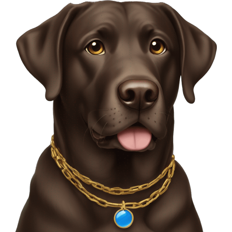 adult choc lab male smiling with blue eyes and a gold chain collar  emoji