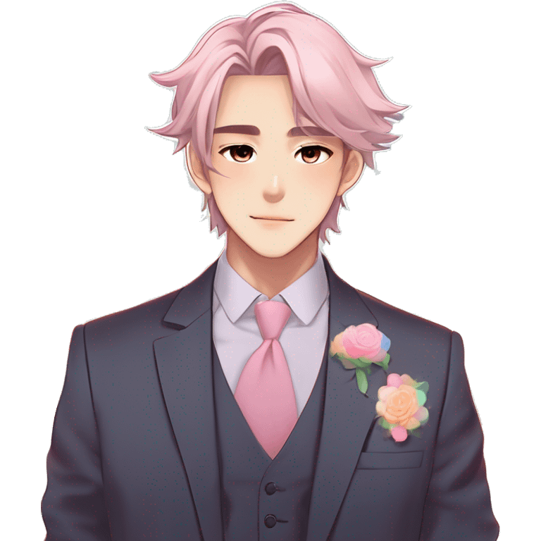 Gorgeous romantic anime style Asian formal modern gentlemanly guy with pretty hair and flower petals and blushing face aesthetic trending style outside with colorful gradient colors  pastelcore cottagecore kawaiicore emoji