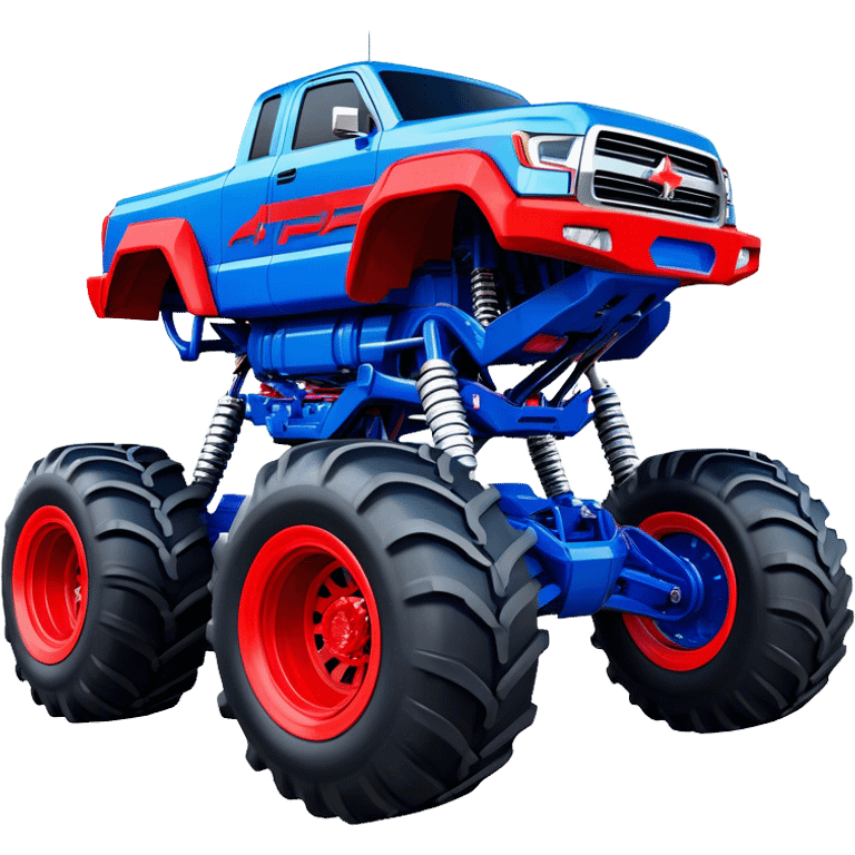 Avenger - Monster Jam (Model Year: 2021) (Iconic colour: Blue and red) - A dynamic monster truck with a split-color scheme: predominantly blue accented by bold red elements. Focus on strong, angular lines and vivid contrasting colors that evoke high energy and a futuristic, rebellious style. emoji