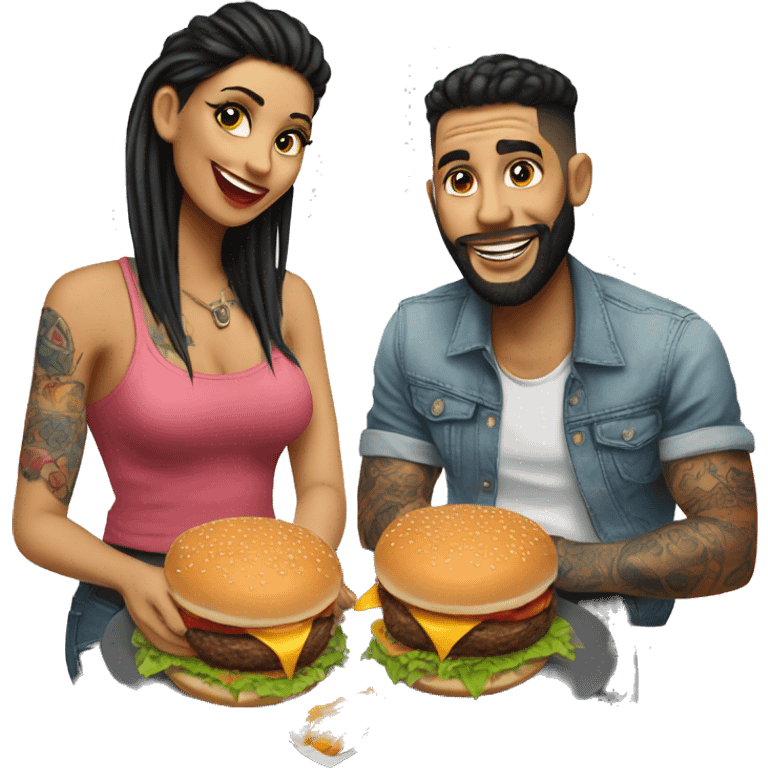 Beautiful tattooed couple eating burgers emoji