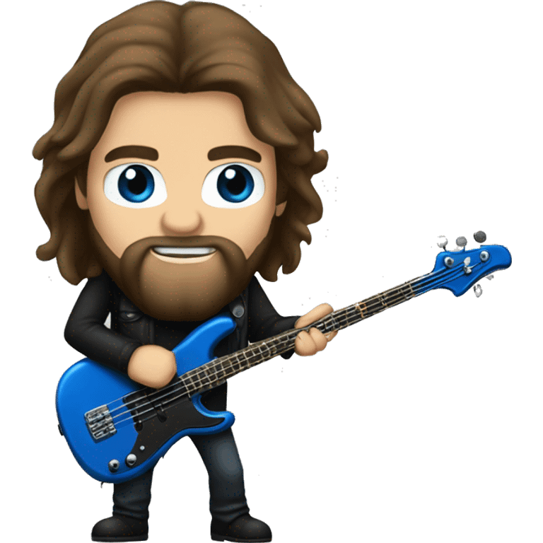 Brown long hair, blue eyes, beard, bass player, metal emoji