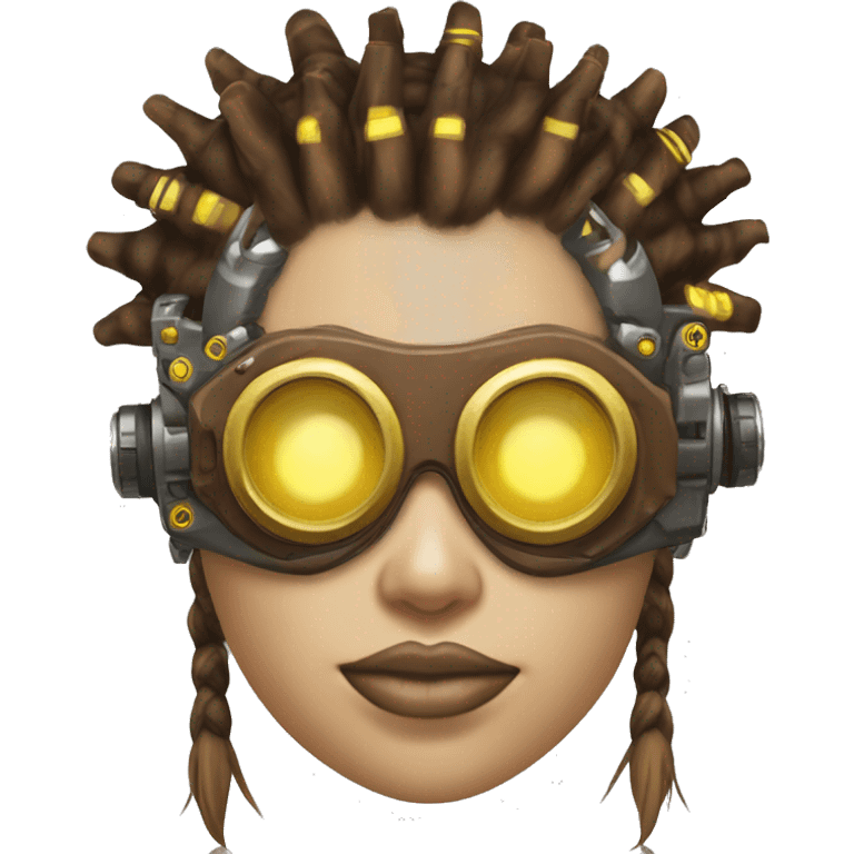 Brown with yellow streaks Mohawk hair female cyborg head, tan skin, steampunk goggles and circuits emoji