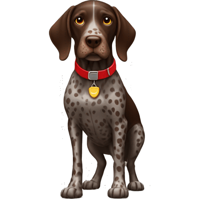 Brown spotted German short haired pointer  with ticking with red collar  emoji