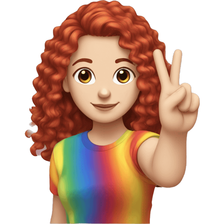 a white girl with long red curly hair in a pony tail with rainbow shirt does peace sign emoji