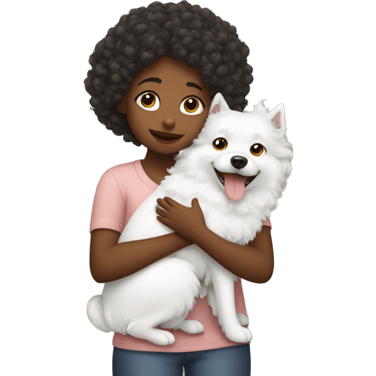 Curly girl hugging white spitz dog  emoji