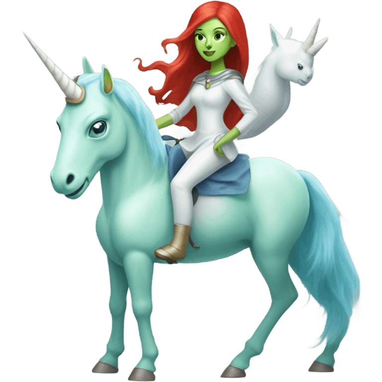 [
	{ woman: alien, color: light green, Amazon, hair:red, eyes:blue] } 
	on a 
	[{ unicorn: white, legged:six, mane: light blue }] emoji