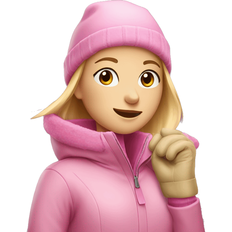 Blonde girl wearing pink winter coat, hat and gloves emoji