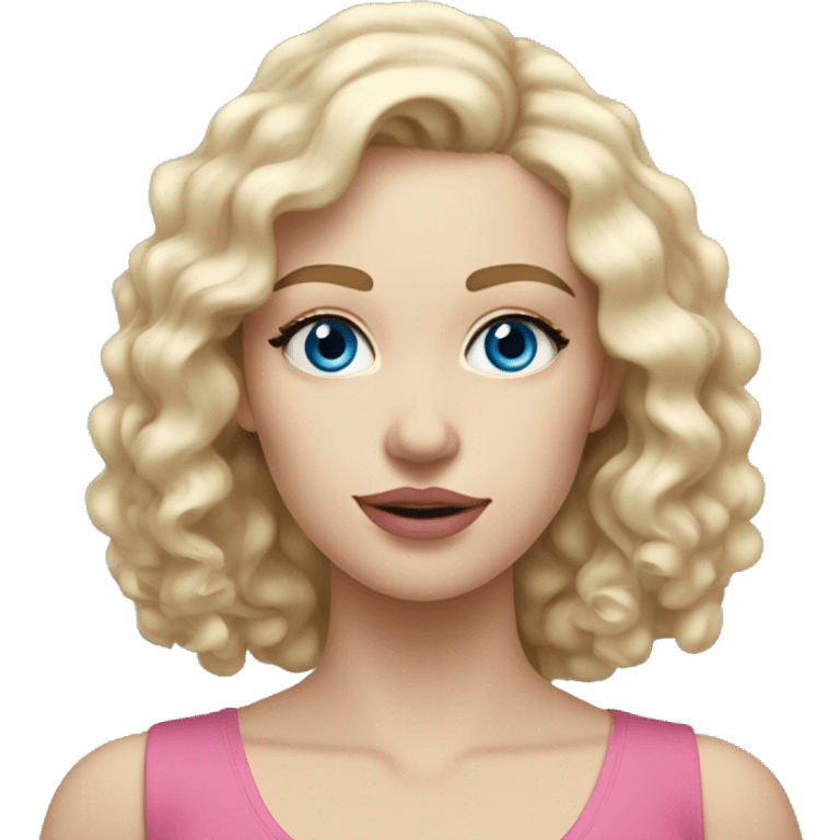 Pale white 25 year old woman with blue eyes, long blonde and curly hair, light brown eyebrows and pink lips emoji